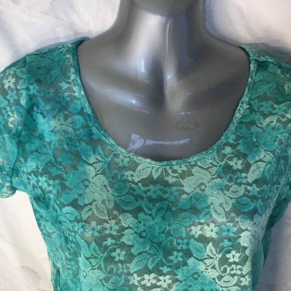 Rue 21 Fashion Lace Blouse Women's Size L Top Stylish Green Aqua Shirt Stretchy - Picture 6 of 14